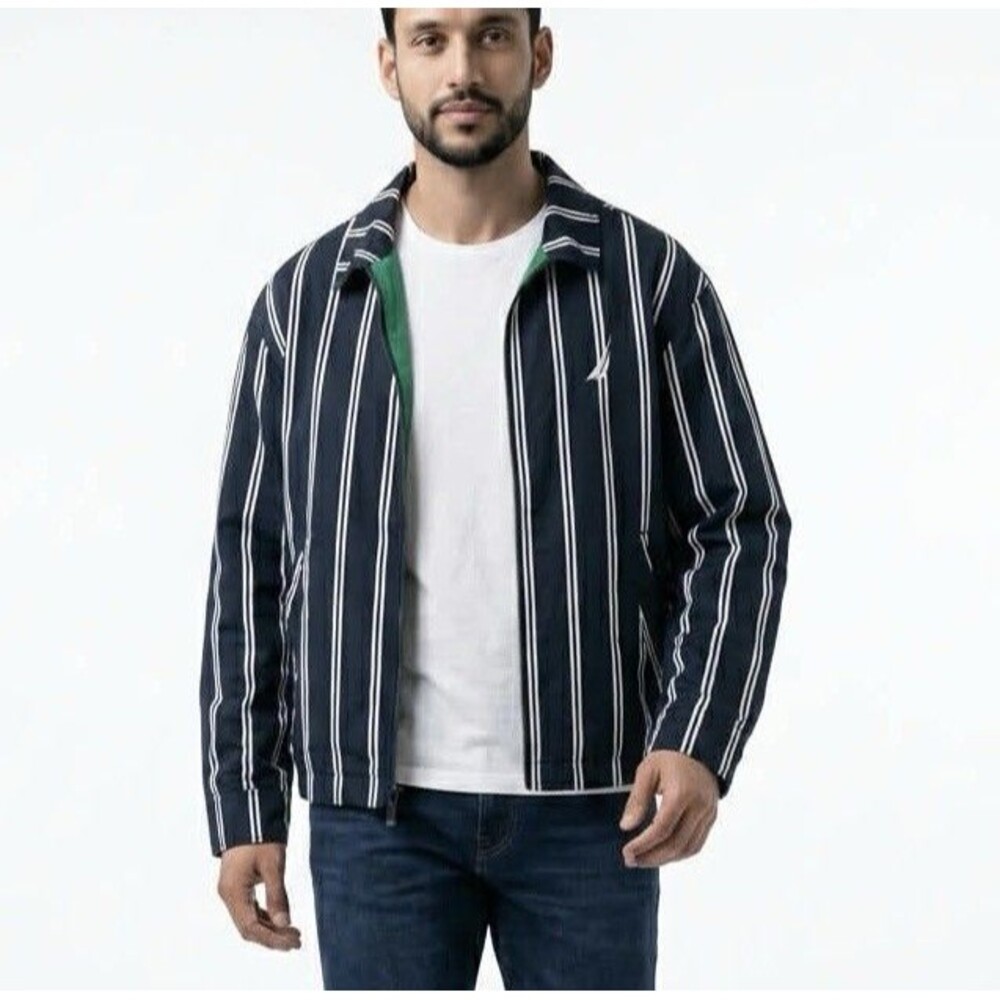 Nautica Jacket Men’s Medium Blue Green Striped Full Zip Sail Logo Casual NWT